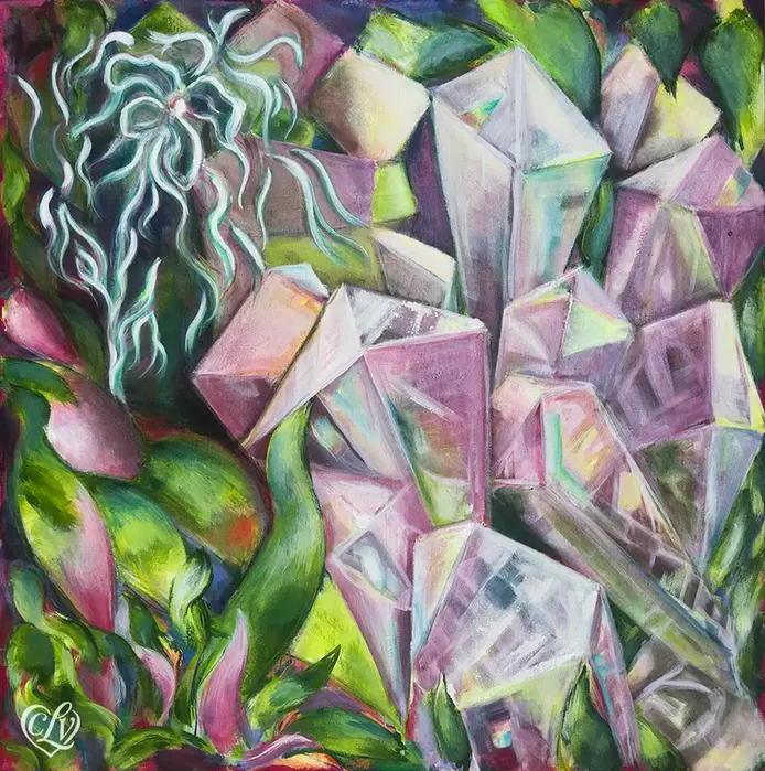 Close-up flat shot of Miss Hidden Gem, an original acrylic on canvas painting of Floraspectra prismatica in faceted green and purple geometric forms by Christina Lewis Vizcarrondo, Floreciendo series, San Juan Puerto Rico 2026