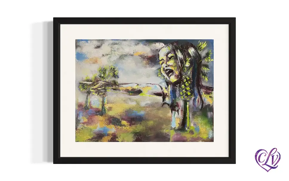 Painting of a girl pointing aggressively to the right  surrounded by palm trees.