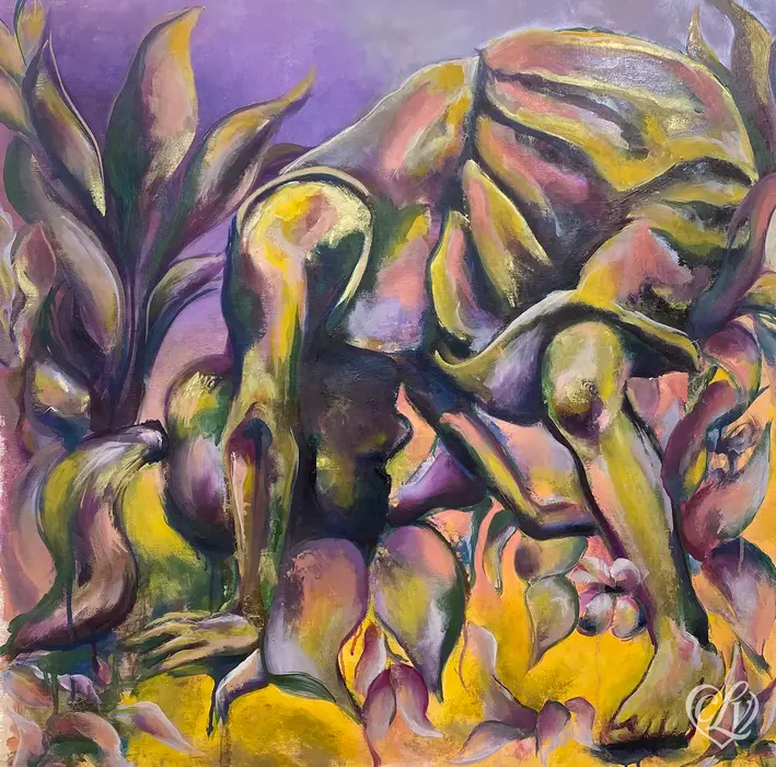 Expressive figurative painting of a young girl upside down among tropical plants in purple, yellow and green
