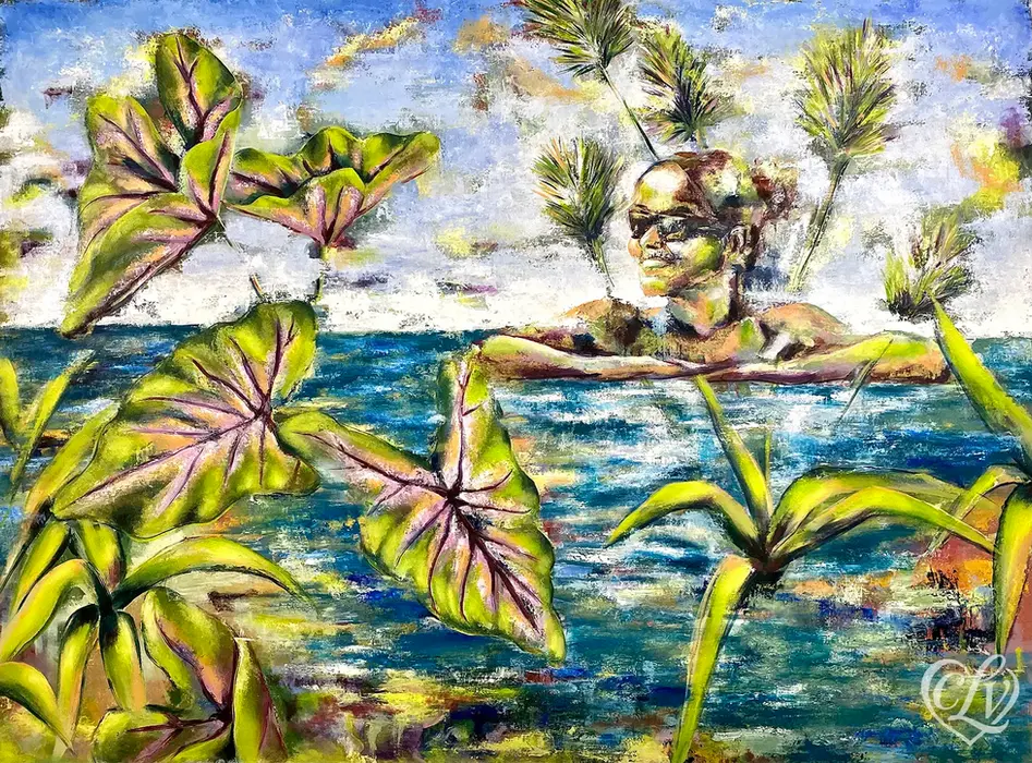 Expressive painting of a female figure swimming through bright blue Caribbean water surrounded by tropical plants.