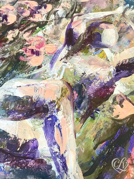 Detail of female yoga figure layered with tropical flowers in Gomukhasana in the Flowers