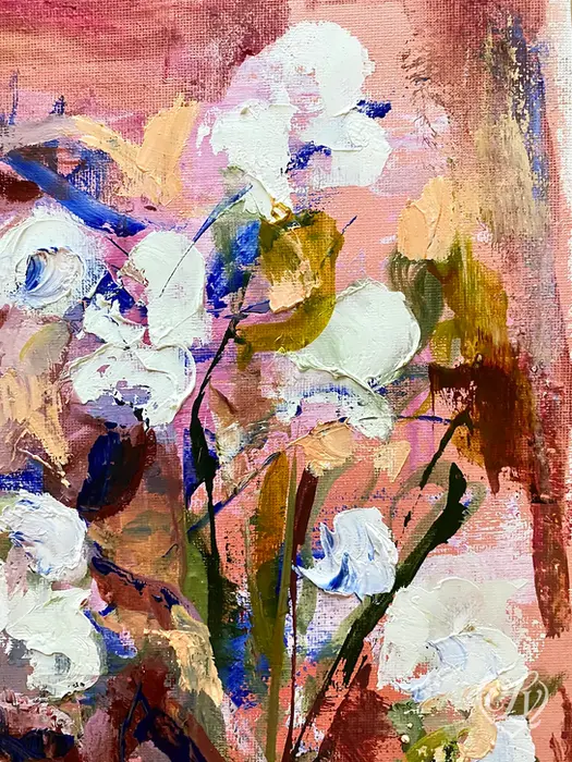 Detail of white flowers and botanical forms in A Yogi and Some Flowers