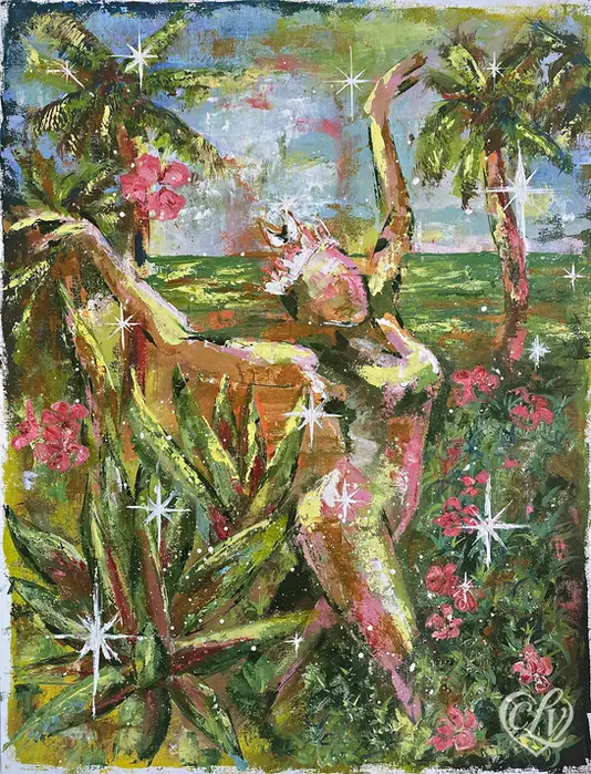 Expressive painting of a dancing female figure surrounded by lush tropical plants and flowers in a Caribbean landscape.