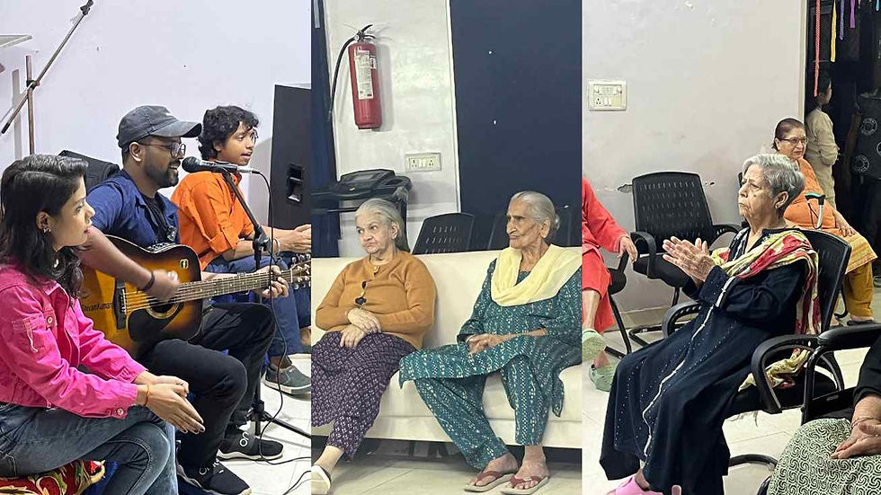 Senior music therapy session showing singer and elders together in a joyful three-image frame
