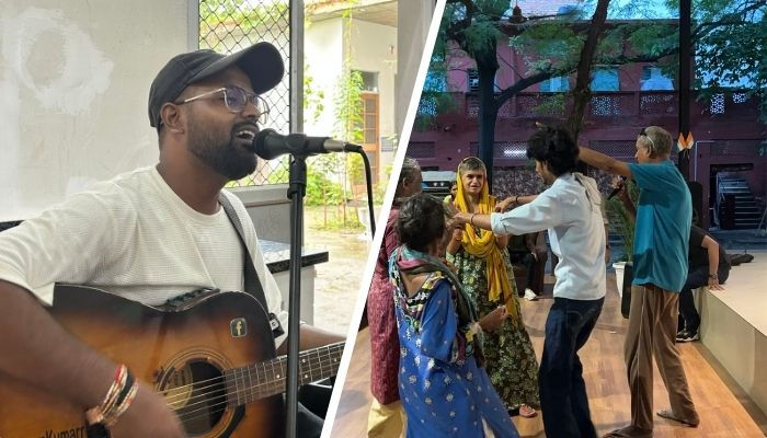 Indoor activities for senior citizens: Singer performing while elders dance joyfully