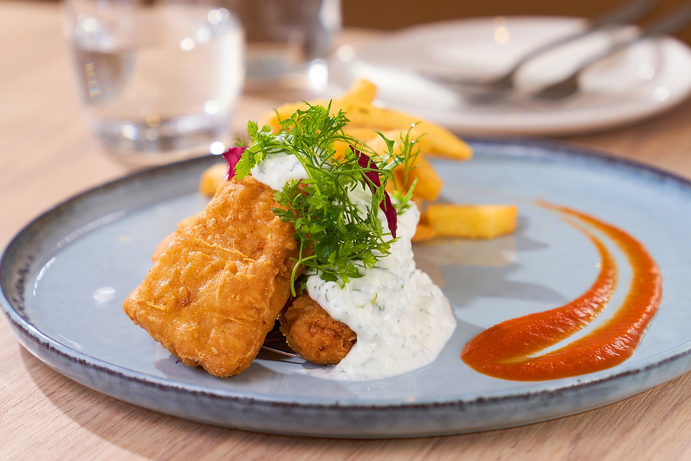 Vegetarian fried fish with salted yolk fries