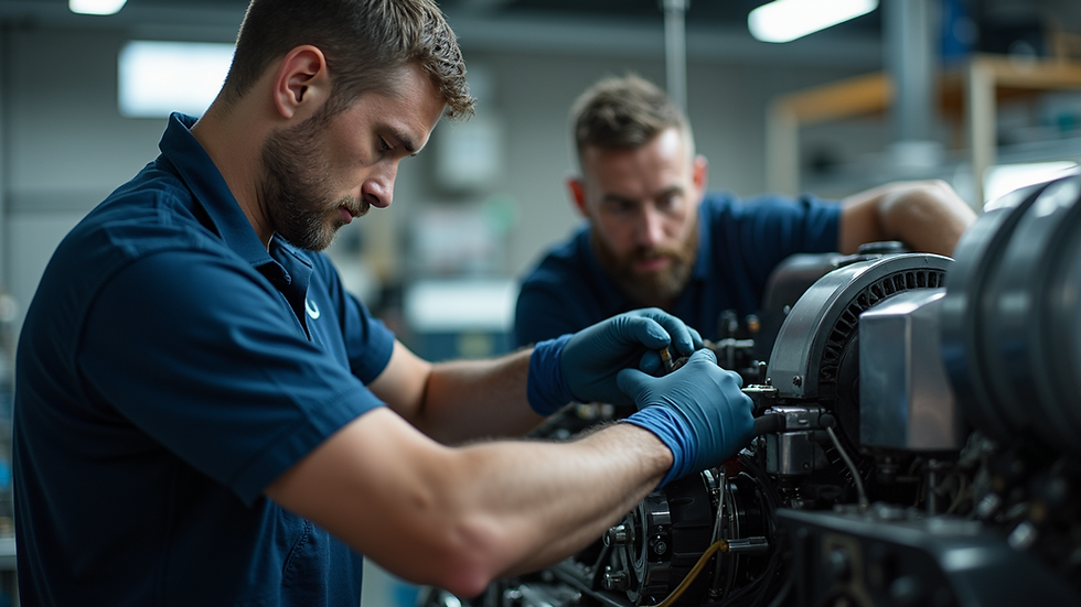 Eye-level view of a mechanic inspecting a marine engine in a boat garage
