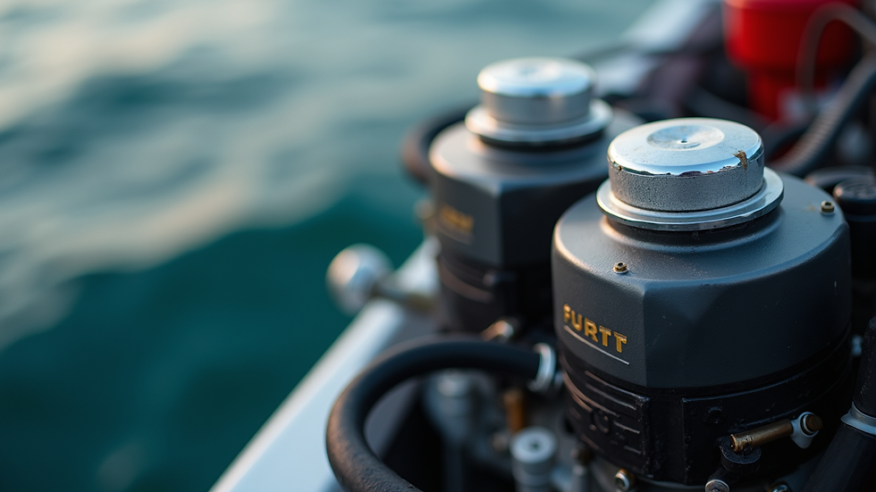 Close-up view of a boat engine with visible fuel filters