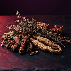 Assortment of dried herbs, ginger roots, and star anise