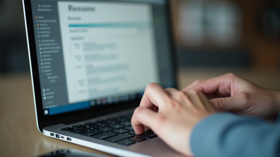 Close-up view of a person typing on a laptop with a resume editing screen visible