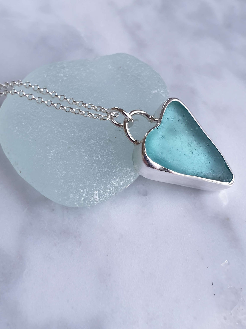 Teal Sea Glass Heart Silver Pendant
