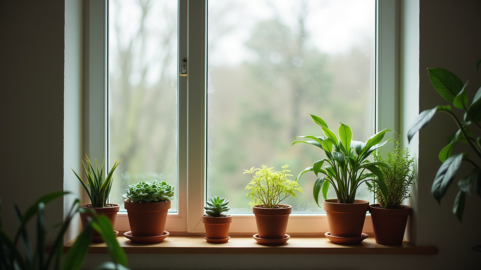 Eye-level view of a windowsill with various small potted plants