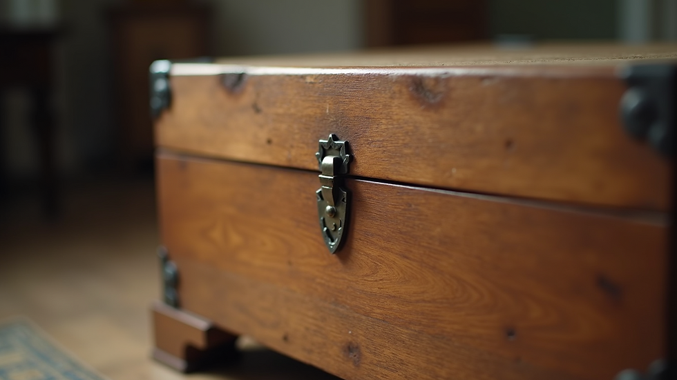 Eye-level view of antique wooden chest with dovetail joints