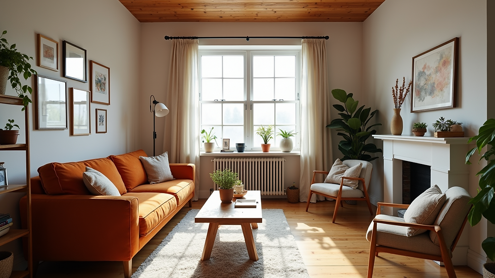 Wide angle view of a cozy living room filled with DIY furniture