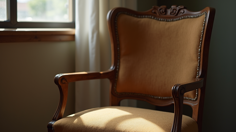 Close-up of a vintage wooden chair with fresh upholstery