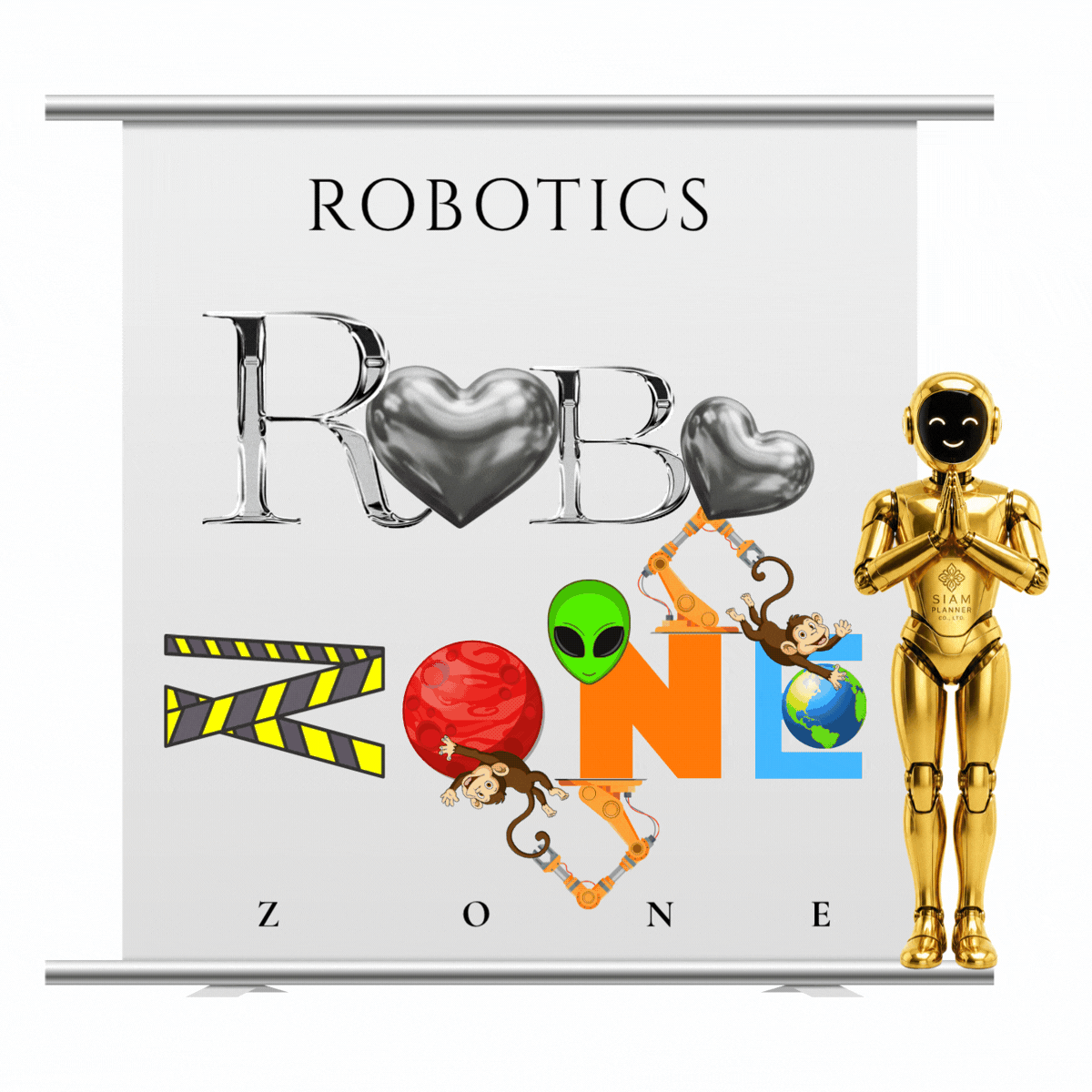 Industrial robots, collaborative robots and automated systems displayed at a robotics and automation exhibition in Thailand.