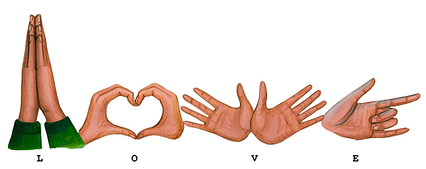 Original calligraphy alphabet art spelling the word “LOVE” with hand gestures representing multiple cultures and traditions. Created by Siam Planner Co., Ltd. as a symbolic artwork shared from Thailand with all couples and hosts planning weddings or parties.