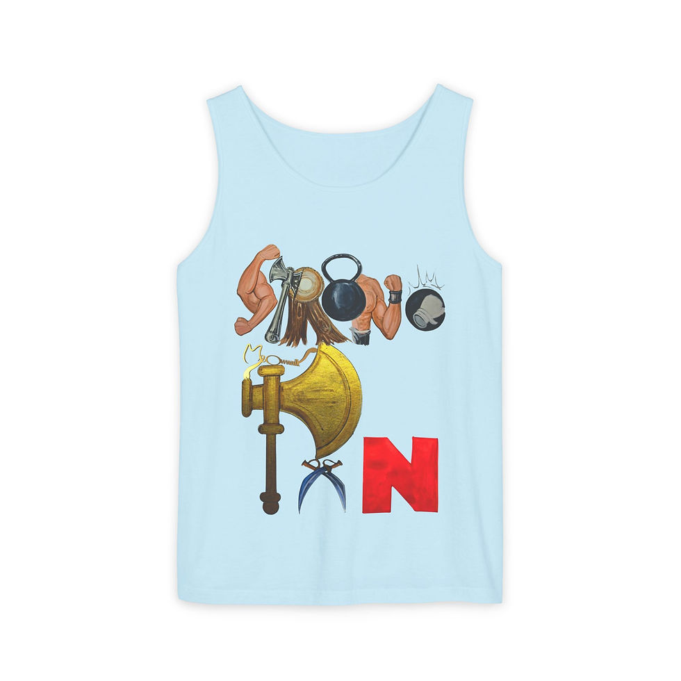 Thumbnail: Men’s Tank  S-T-R-O-N-G + F-A-N (front) / M-I-L-K-S-H-A-K-E + C-L-U-B (back)
