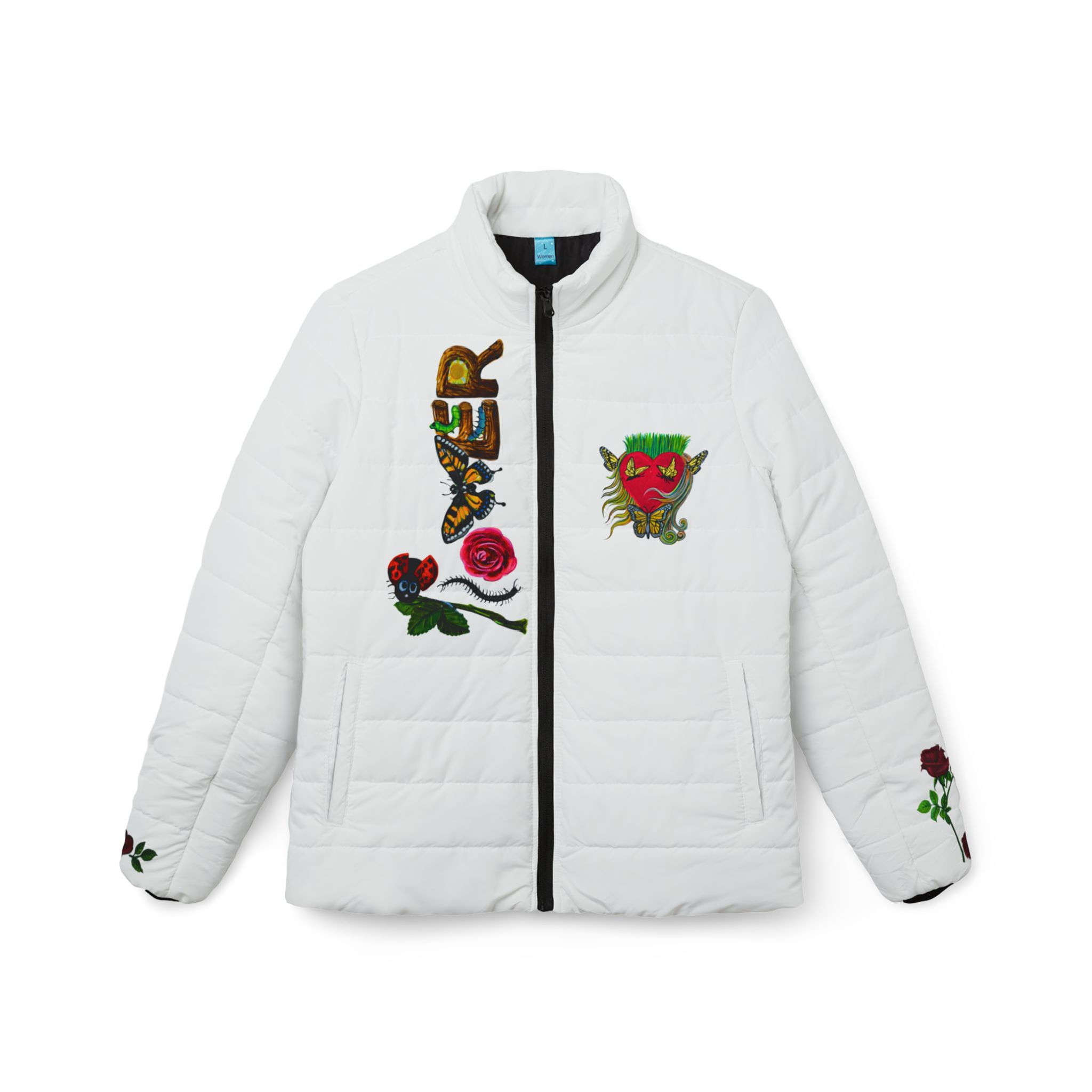 Trendy Women’s Puffer Jacket – Floral & Lion Design for Fashion Lovers