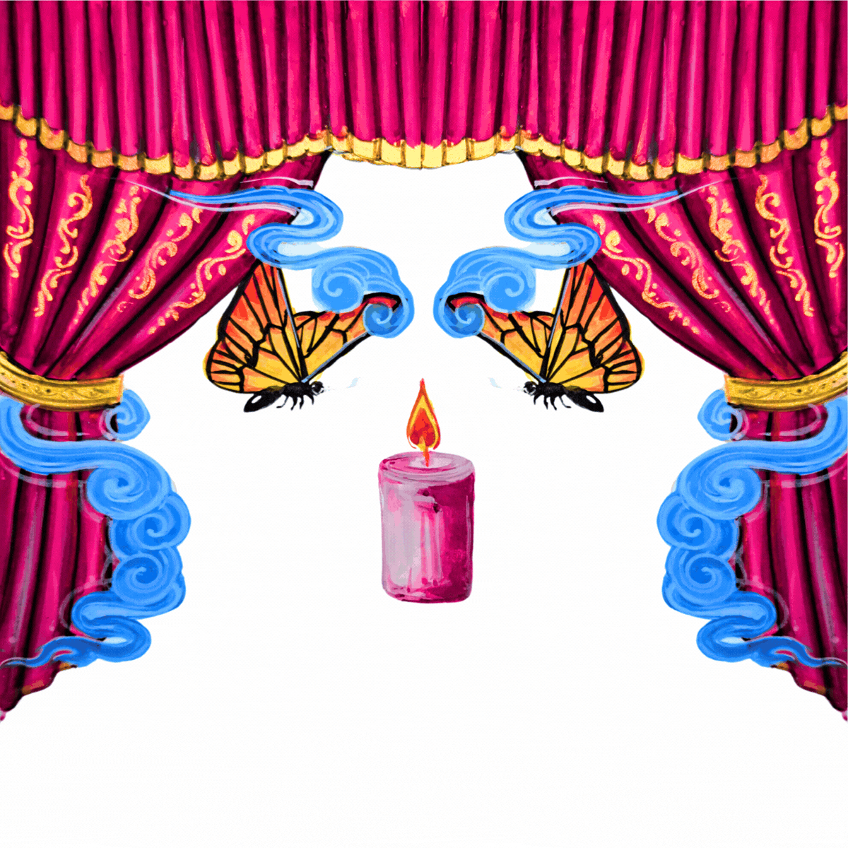 Animated venue décor artwork forming male and female faces from event design elements