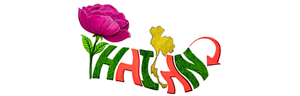 Calligraphy “Thailand” where T is a rose, L an elephant head, and D an elephant tail—creative Thai-themed event art.