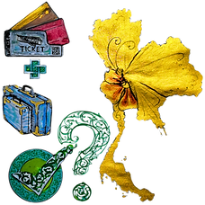 Travel collage with ticket and luggage icons resolving into a Thailand map—“get ready for Thailand” destination wedding and party message.