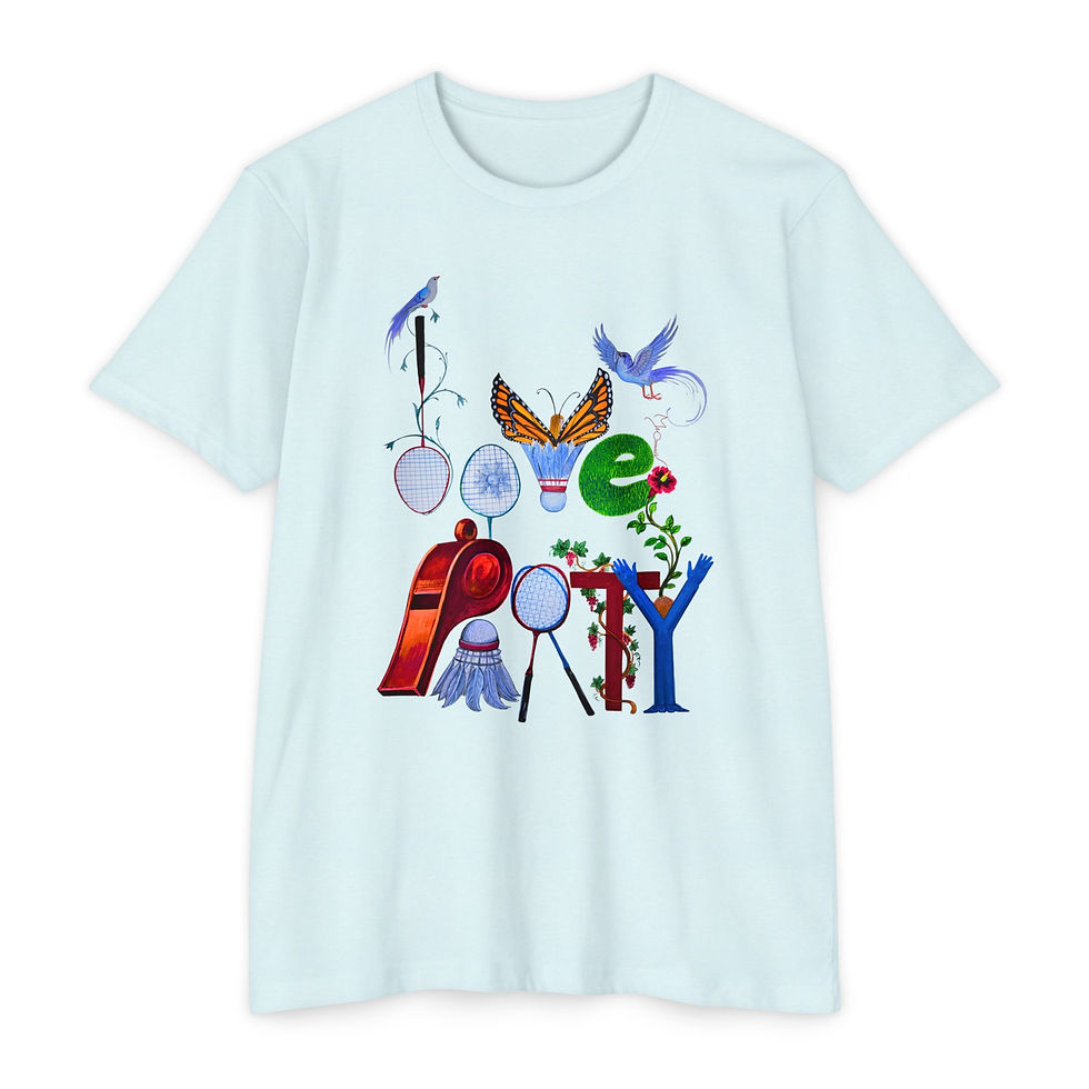 Thumbnail: L-O-V-E + P-A-R-T-Y (front) / V-I-P (back) Badminton Graphic Tee
