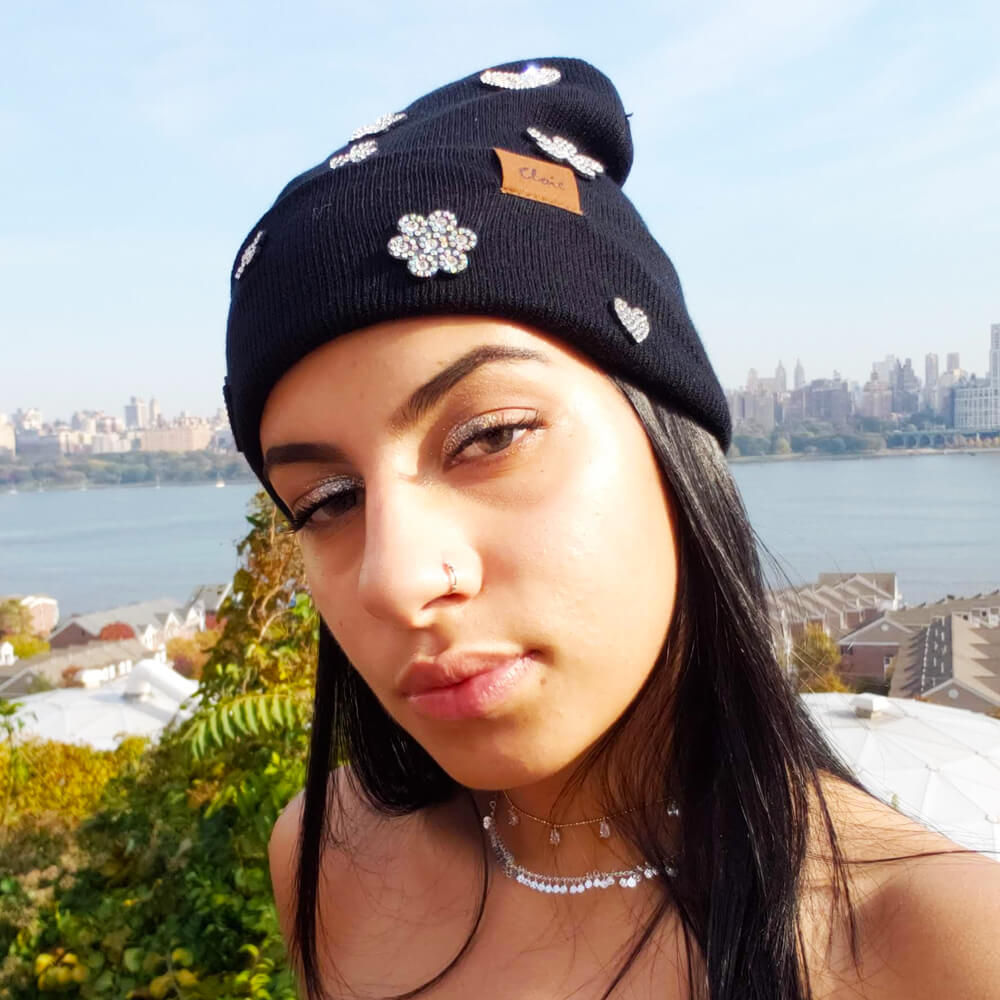 Crystal Hearts and Flowers Knit Beanie