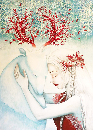 toile Innocence by Yeshaï, féminin sacré, spirit, chaman, animal totem, cerf