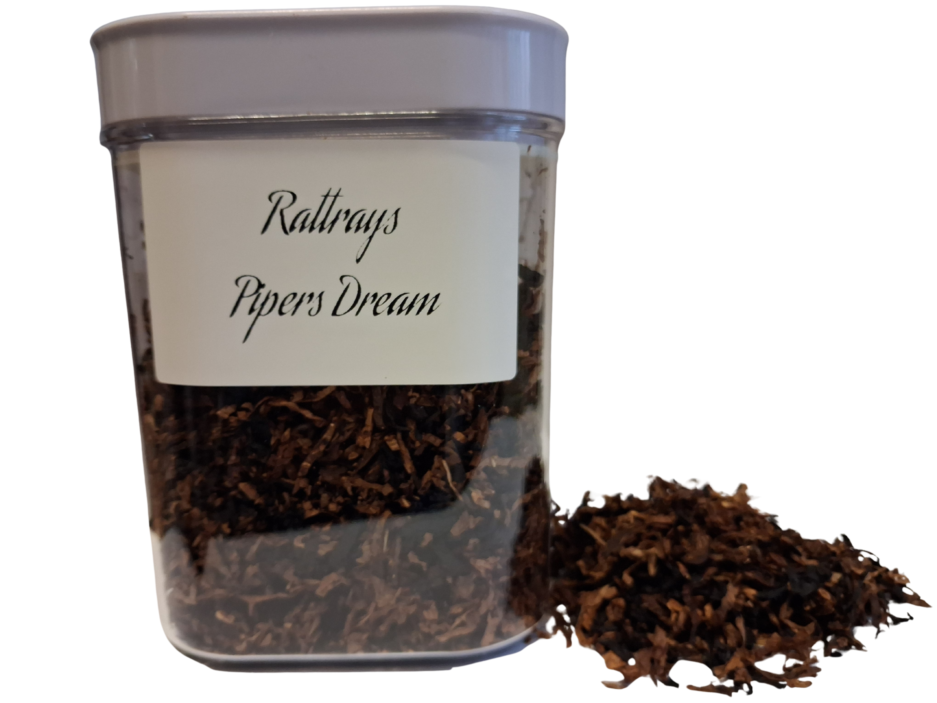 Rattray's Pipers Dream pipe tobacco in a clear container.