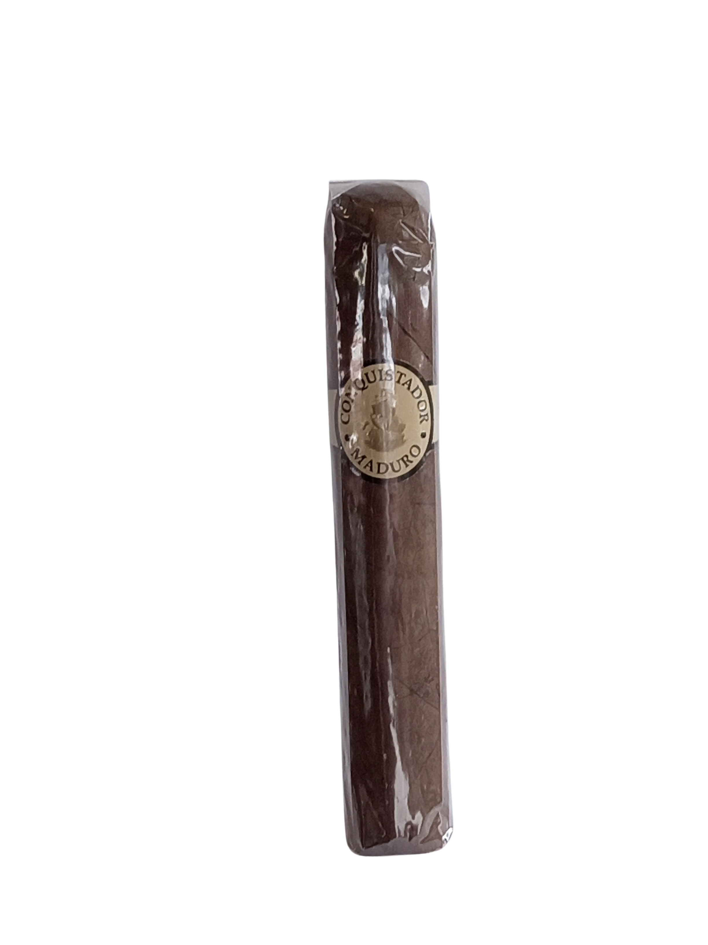 Conquistador Maduro Robusto cigar wrapped in cellophane