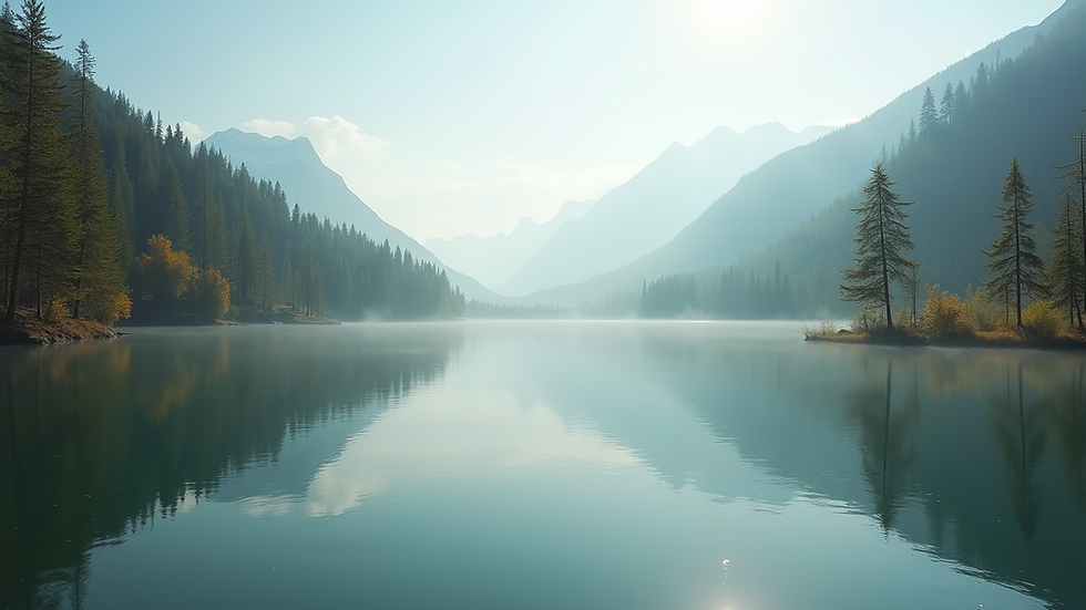 Eye-level view of a serene landscape with a calm lake