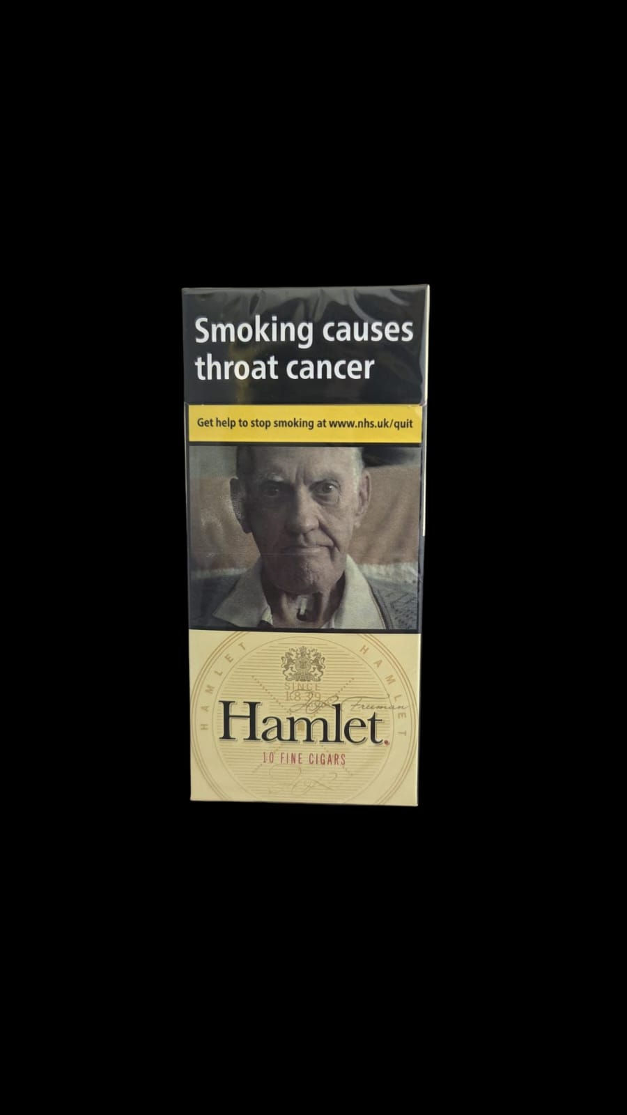 Hamlet 10 Fine cigar pack with smoking causes throat cancer warning