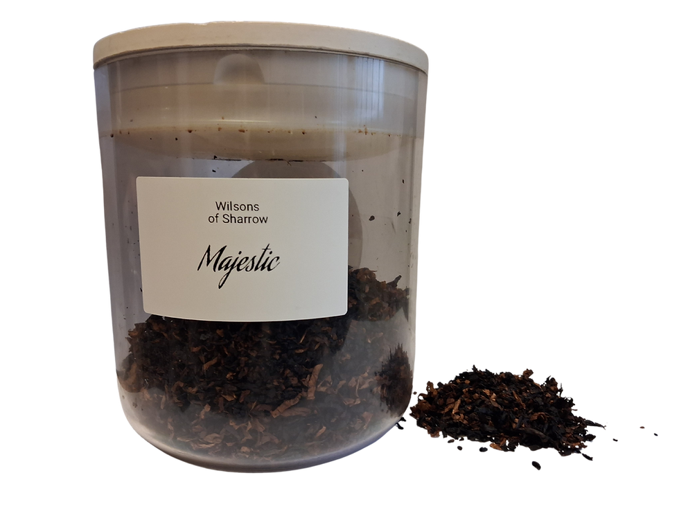 Majestic tobacco in a clear jar with a white label.