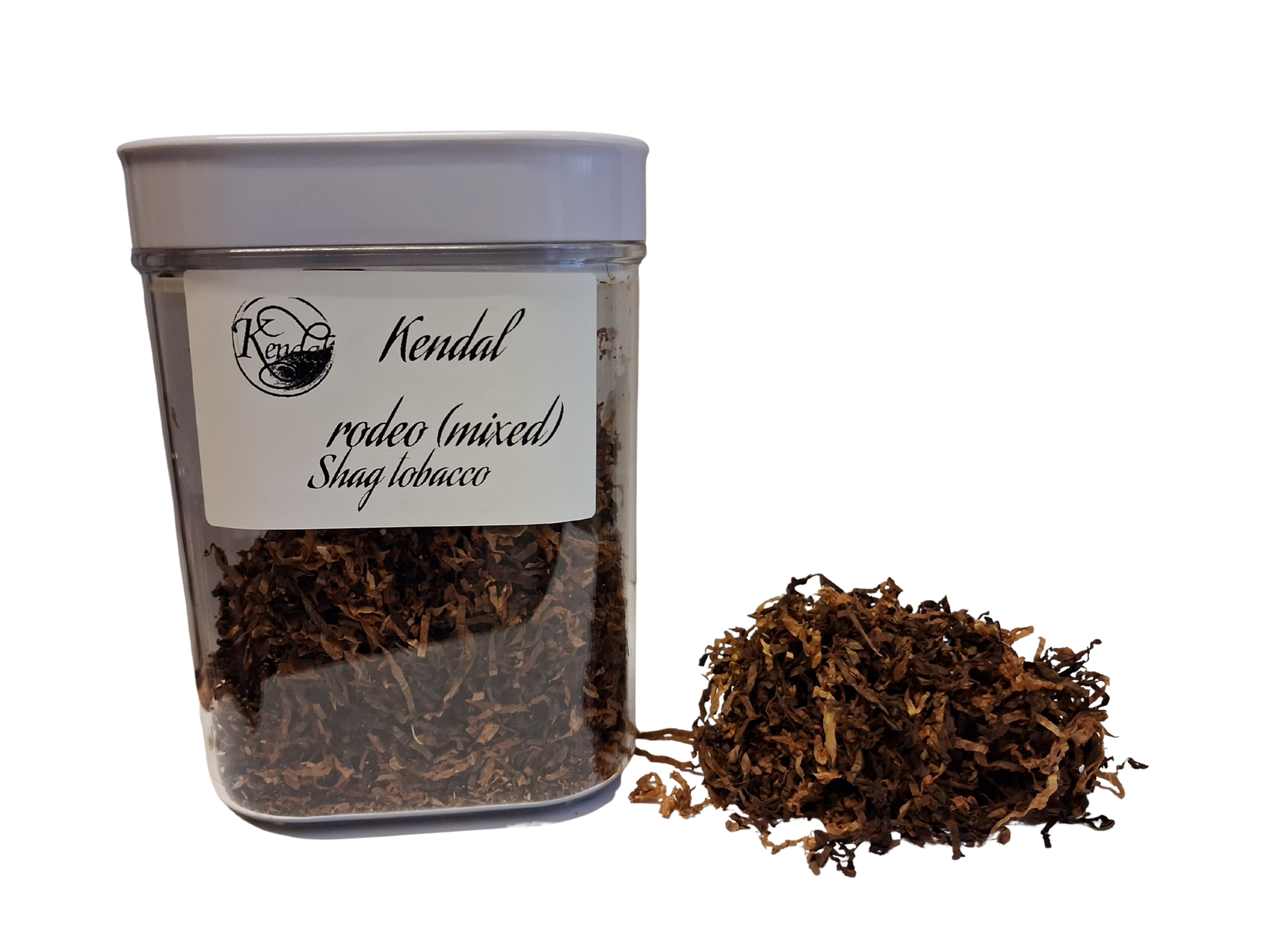 Kendal Rodeo Mixed Shag Tobacco in a clear container.