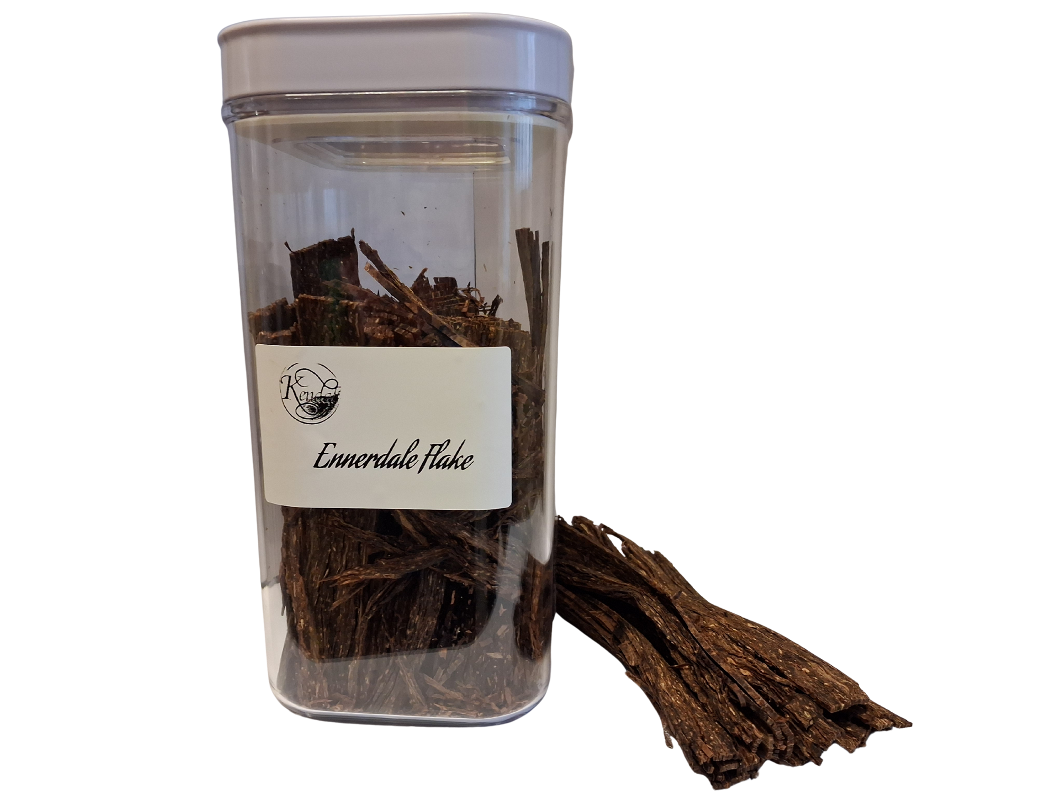 Ennerdale Flake tobacco in a clear container.