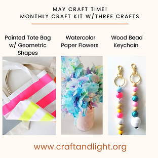 Monthly craft kit: painted tote bag, watercolor flowers, wood bead keychains.