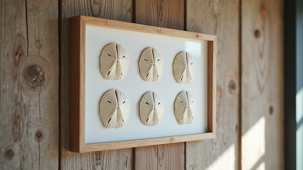 Close-up view of framed sand dollar collage on a rustic wooden wall