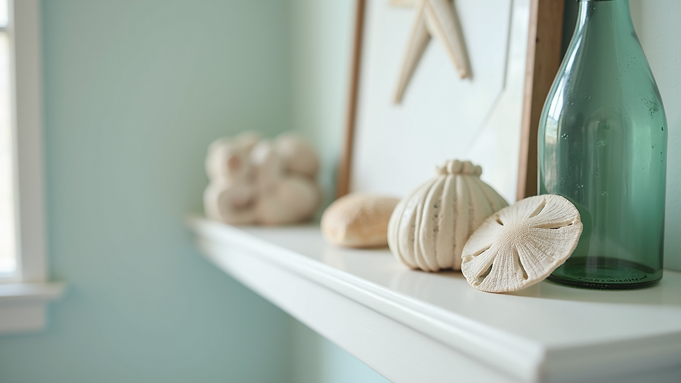 Eye-level view of coastal bathroom shelf decorated with sand dollar art and sea glass