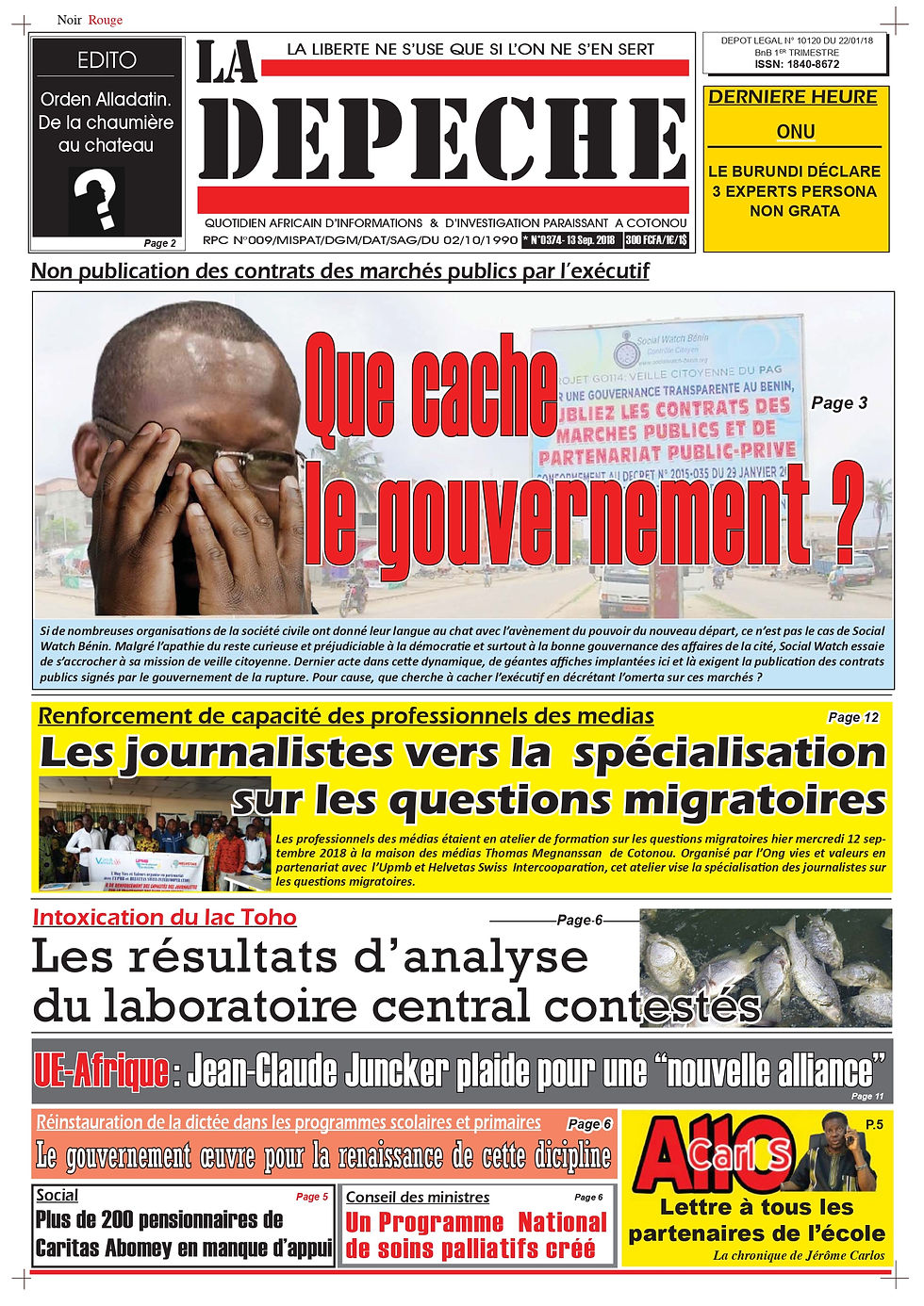 La une du quotidien béninois d'information La Dépêche du 14 novembre 2018. Elle aborde la restauration de la gouvernance du roi Guèzo