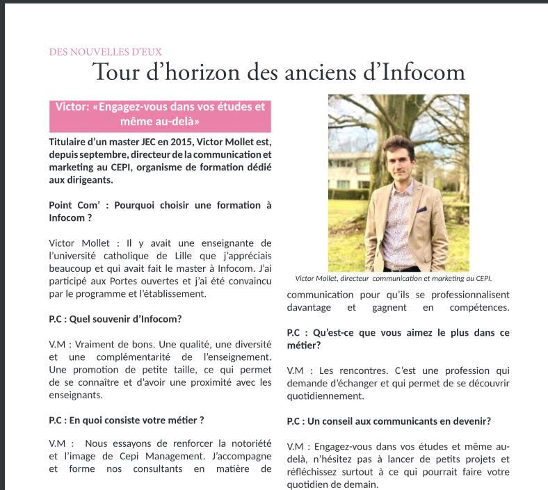 Interview Victor Mollet, directeur de communication et du marketing au Cepi Management. Ex
