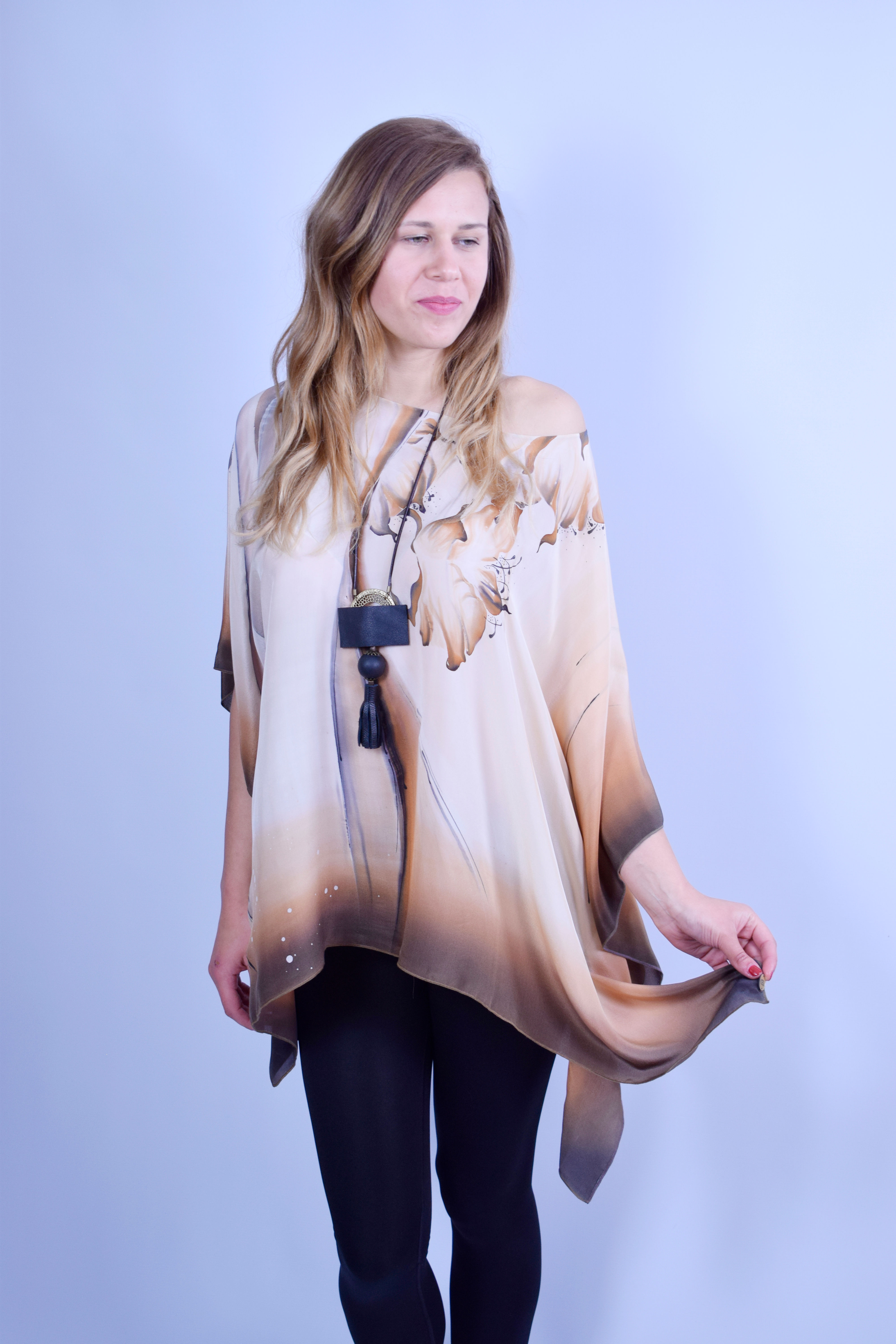 Hand-painted Silk Kaftan "Brown Flowers"