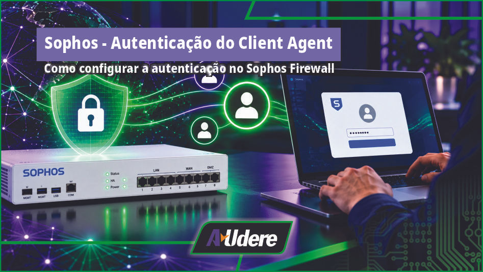 A imagem representa a autenticação de usuários no Sophos Firewall por meio do Client Authentication Agent (CAA), destacando a identificação do usuário, a proteção do acesso e a integração entre endpoint e firewall.