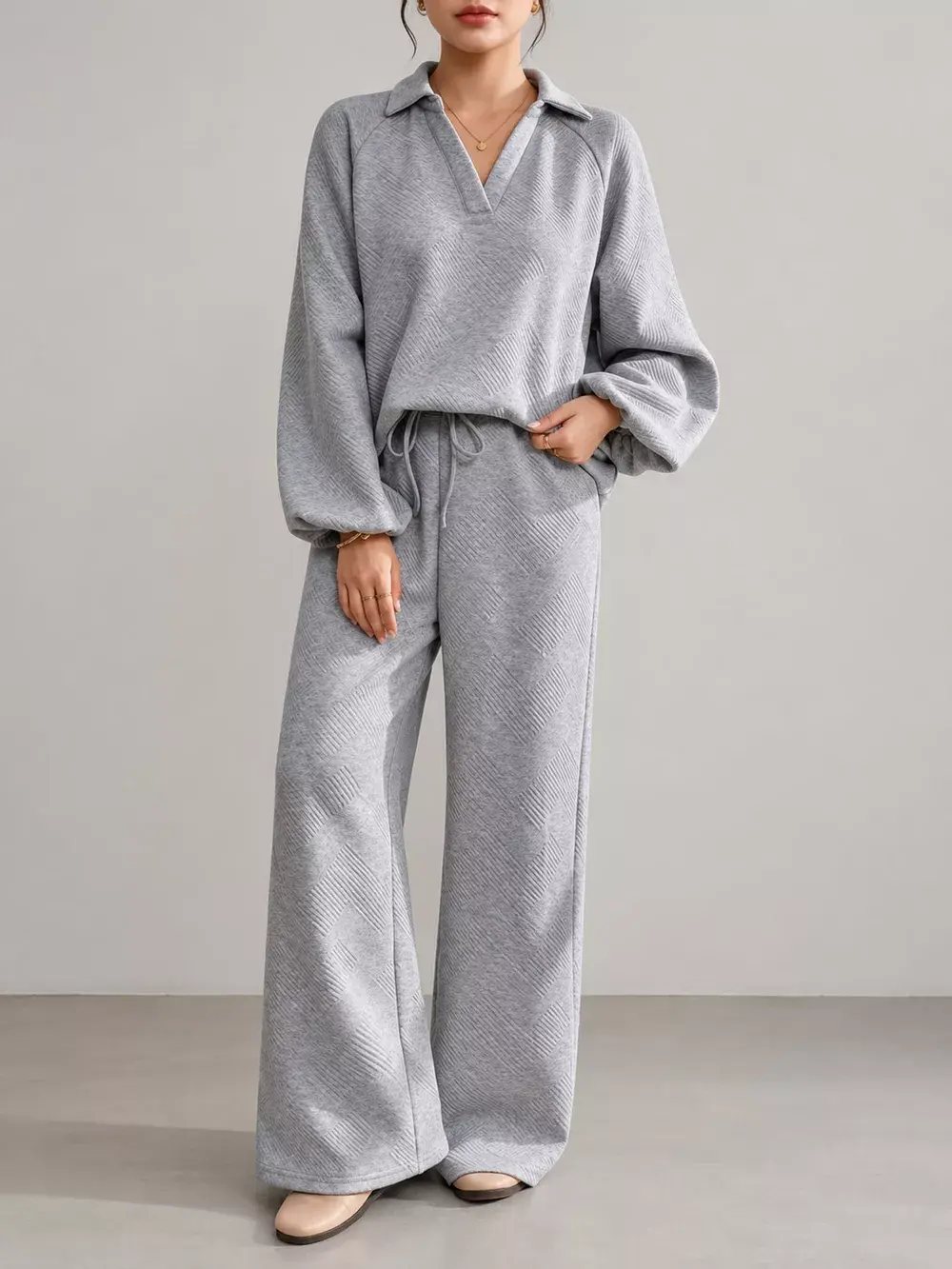 Textured Polo Collar Top and Wide-Leg Pants Set