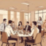A coffee coloured office meeting with people in formal shirts and pants eating food, use t