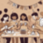 Birthday Party scene with people eating using only coffee themed beige tones.jpg