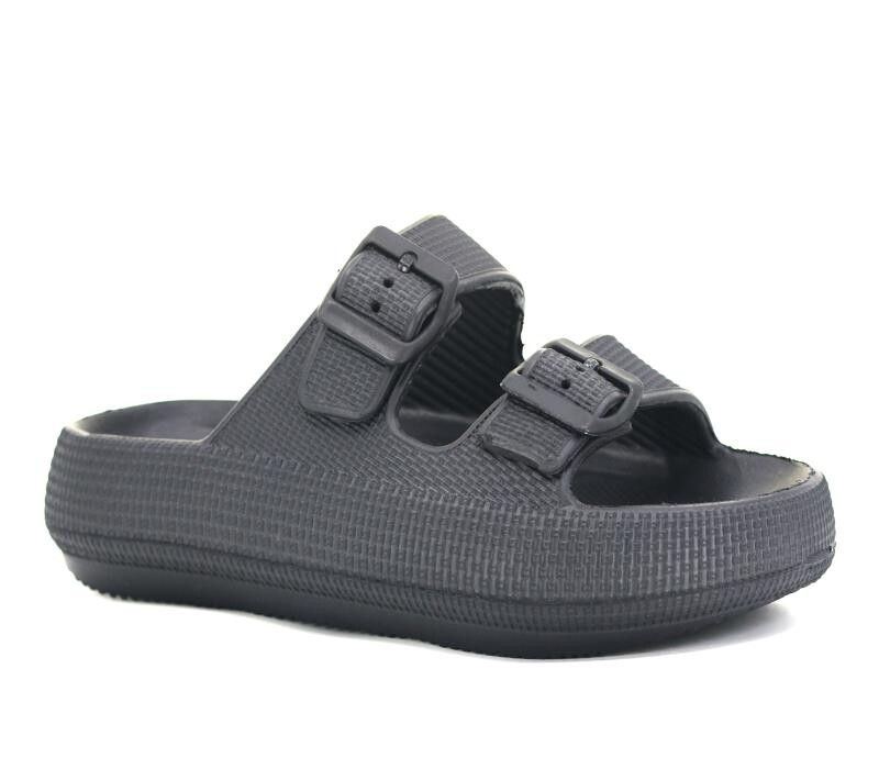 Double Buckle Black Unisex Slippers, Soft EVA Sole, Everyday Slipper Stylebu14934