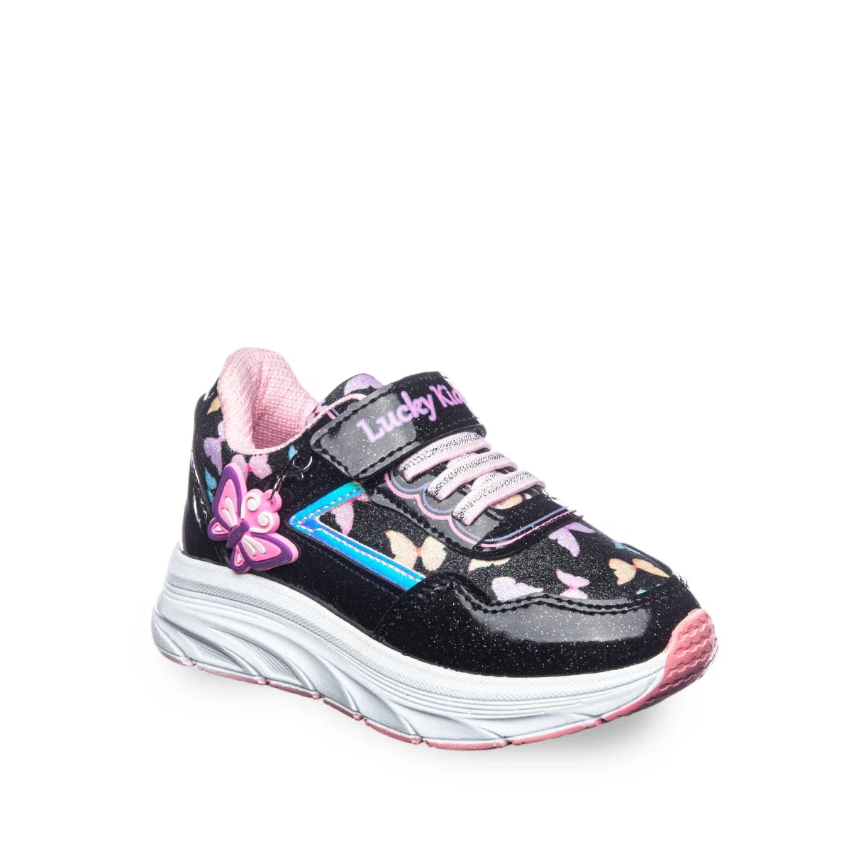 Kids Girls' Athletic Shoes, Black, Glittery Leather, Velcro Closure, Style3060