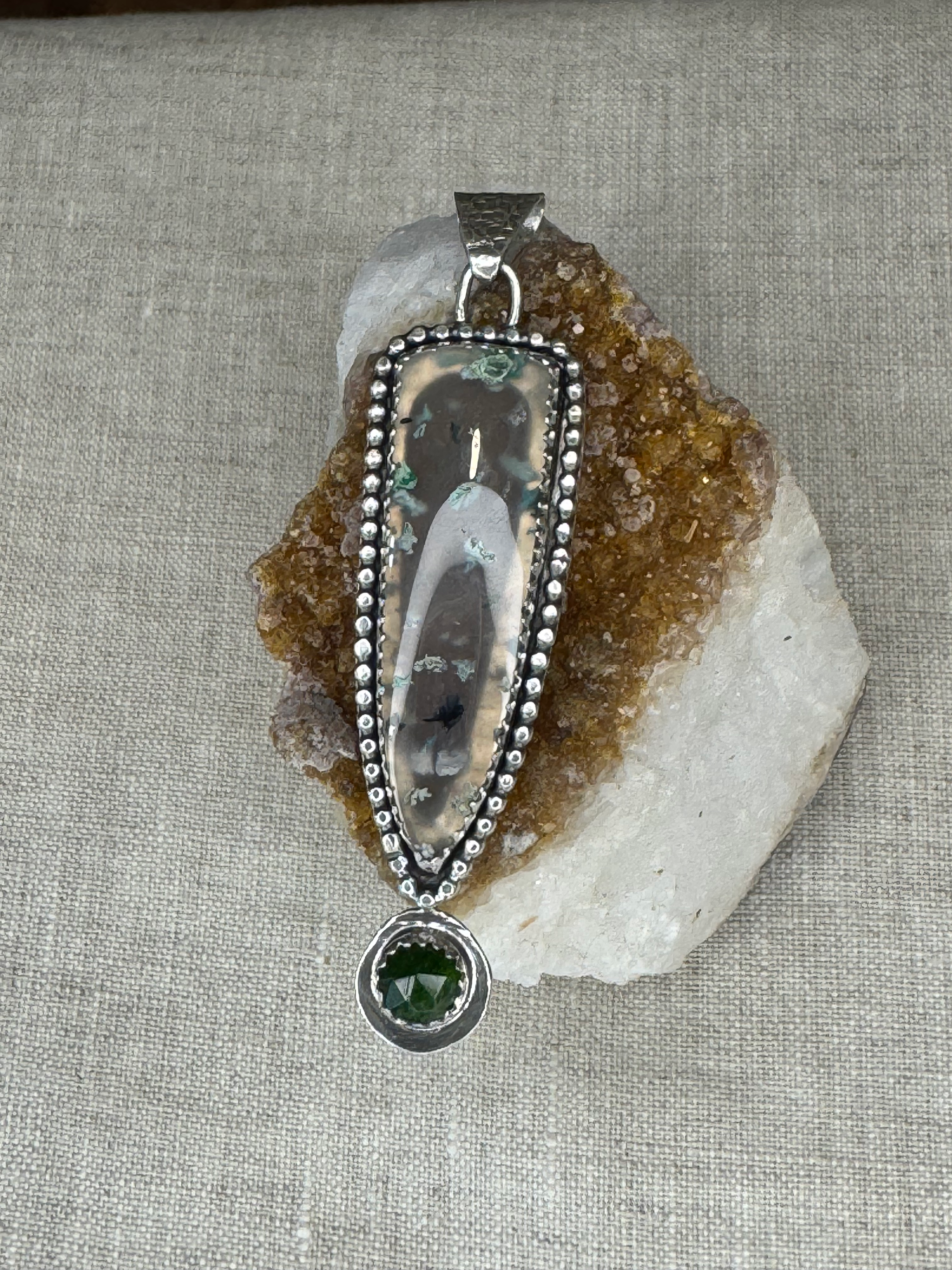 The Inner Truth Pendant/ Chrysocolla in Quartz & Green Chrome Diopside Crystal.