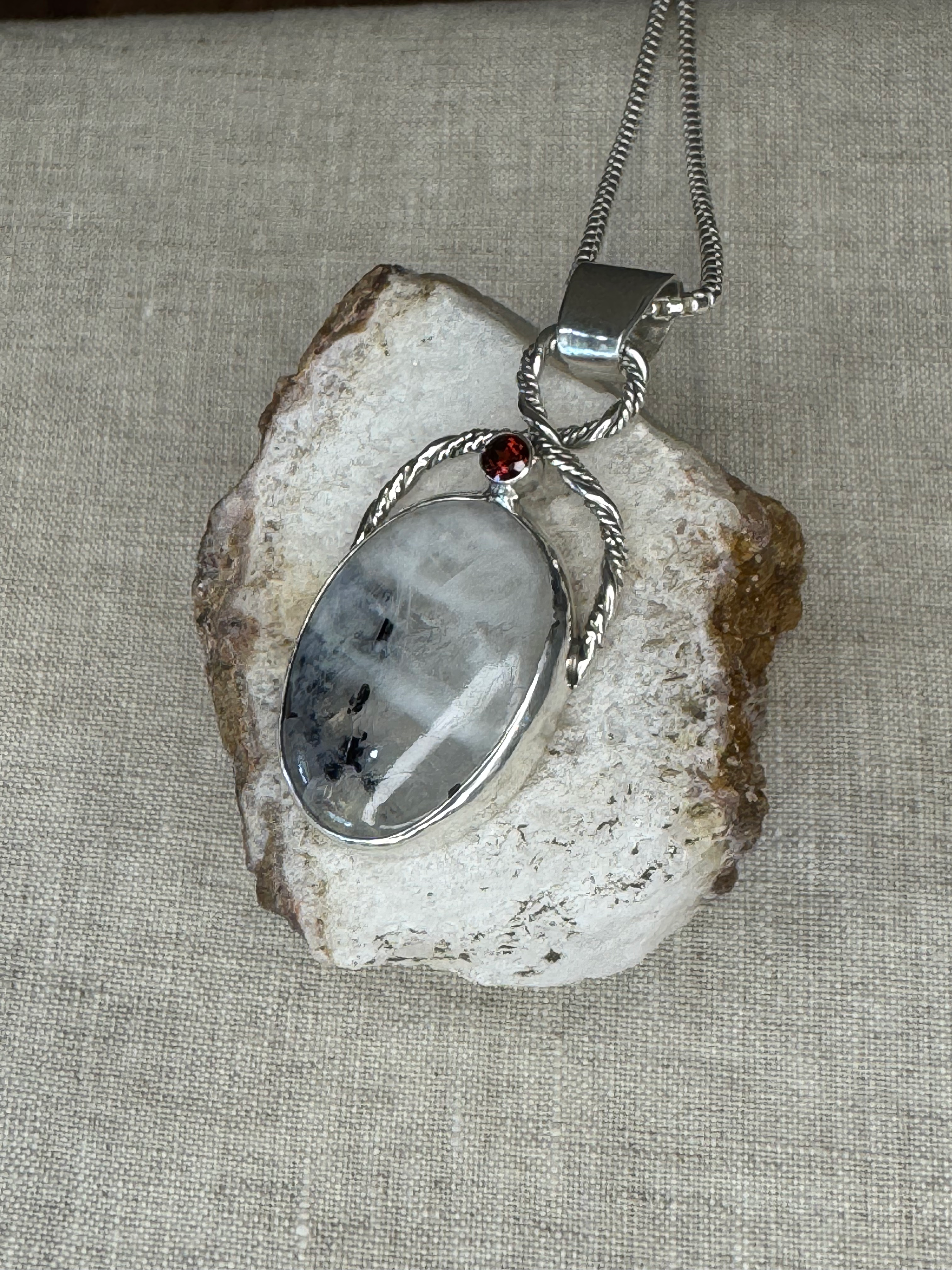 Moonlit Passion / Rainbow Moonstone & Garnet Pendant in Sterling Silver w Chain
